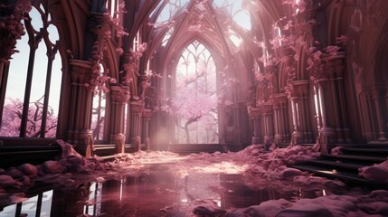 Pink fantasy landscape with a ruined castle