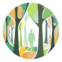 A logo of a person in the forest within a circle