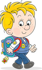 Happy little schoolboy with his schoolbag happily going to school for start of classes, vector illustration on a white background