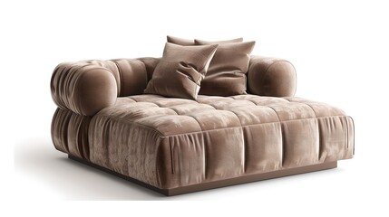 Obraz premium Elegant modern brown sofa with plush tufting and pillows. Ideal for interior design catalogs, showcasing contemporary comfort and style. Perfect for home decor inspiration. AI