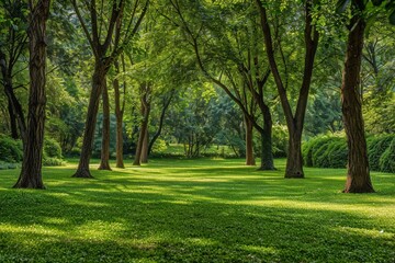 Fototapeta na wymiar Verdant Park With Abundant Trees and Foliage