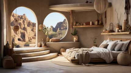 Desert luxury bedroom interior with a stunning view