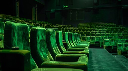 Fototapeta premium Green soft chairs in the stands of an empty cinema
