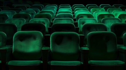 Green soft chairs in the stands of an empty cinema