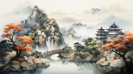 Misty Mountain Landscape with Bridge and Pavilion - obrazy, fototapety, plakaty