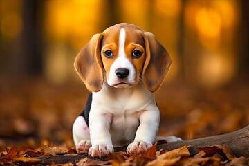 A Beagle puppy with soulful eyes and floppy ears