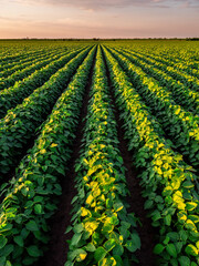 Warm sunset light bathing the endless rows of a vibrant soybean crop