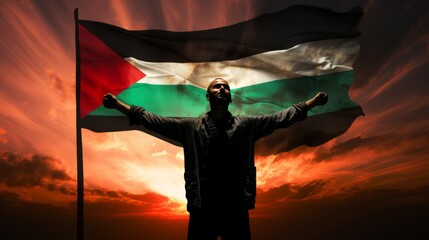 Happy man holding Palestine flag in the sunset sky freedom and patriotism concept - Powered by Adobe