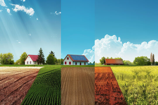 A series of images of farm fields with houses in the background