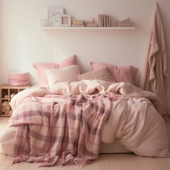 Fototapeta na wymiar A cozy pink and white bedroom with a messy bed