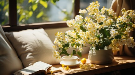 A beautiful bouquet of white flowers sits on a table near a window.
