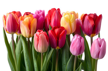 Naklejka premium Colorful bunch of tulips isolated on white background, perfect for spring-themed designs and celebrations.