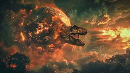 A large dinosaur is positioned in the center of a ring of intense flames, creating a striking and dangerous scene - obrazy, fototapety, plakaty