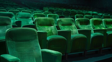 Fototapeta premium Green soft chairs in the stands of an empty cinema