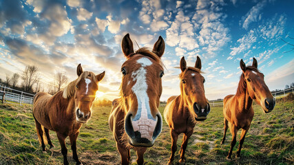 A group of horses stands elegantly on a lush green field - obrazy, fototapety, plakaty
