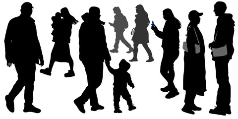 Vector silhouettes of people dressed in jackets on a walk. Men, women, children walk in different directions, side view.