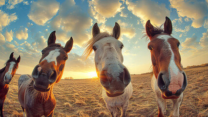 A group of horses of different colors and sizes standing together in a field, creating a picturesque scene