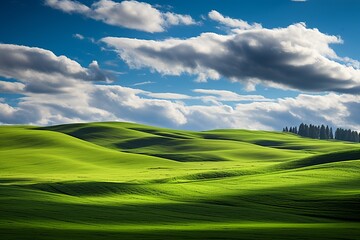 Green rolling hills under a blue sky with white clouds