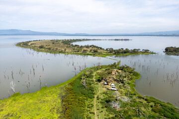 Beautiful scenery of Lake Naivasha with flooded trees against the background of the blue cloudy sky. Kenya, Africa. top view - obrazy, fototapety, plakaty