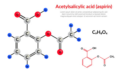 Aspirin, acetylsalicylic acid (ASA), molecular structure formula (C9H8O4), ball-and-stick model, suitable for education or chemistry science content. Vector illustration