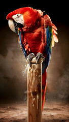 Stunning Scarlet Macaw Parrot Perched Proudly on Wooden Post, a Vibrant Portrait of Avian Majesty - 775595018