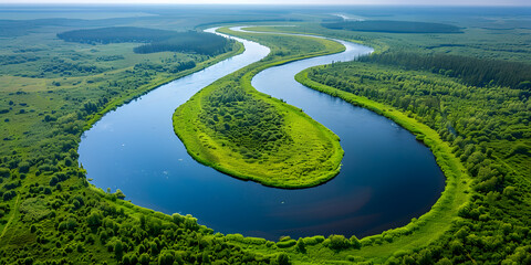 Top-down view of winding rivers and streams through a scenic valley