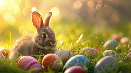 Fototapeta na wymiar A happy rabbit is sitting in the grass among Easter eggs in a natural landscape, surrounded by terrestrial plants and enjoying the grassland AIG42E