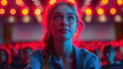 woman at lecture hall room with bokeh light, Generative Ai