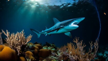 A hammerhead shark swimming over a coral reef in the blue sea - obrazy, fototapety, plakaty
