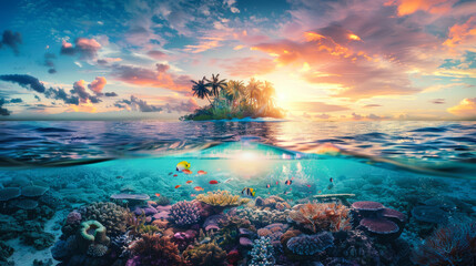 A vibrant painting of a tropical ocean scene showcasing colorful corals and various fish swimming in crystal clear water - obrazy, fototapety, plakaty