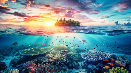 A view from beneath the water displaying a coral reef with a small island visible in the distance - obrazy, fototapety, plakaty
