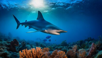 A hammerhead shark swimming over a coral reef in the blue sea