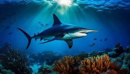 Obraz premium A hammerhead shark swimming over a coral reef in the blue sea