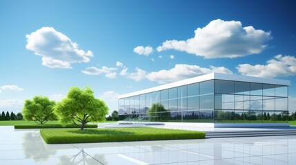 Modern glass and steel office building with green lawn and trees