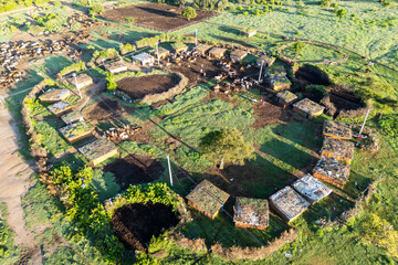 Aerial Drone Shot. Traditional Masai village in Masai Mara National Park, Kenya.