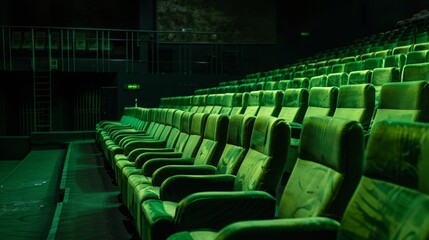 Fototapeta premium Green soft chairs in the stands of an empty cinema
