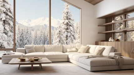 A cozy living room with a large window looking out onto a snowy forest - obrazy, fototapety, plakaty