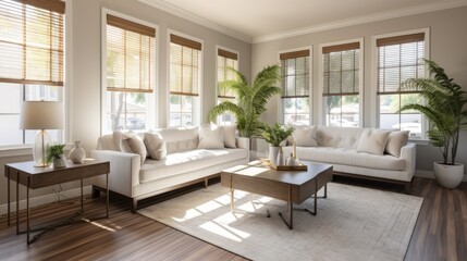 Elegant living room interior with large windows and white furniture