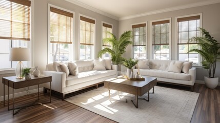Fototapeta premium Elegant living room interior with large windows and white furniture