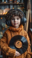 Fototapeta na wymiar Child holding vinyl record with headphones. A cute child in a knitted sweater holds a vinyl record and wears large headphones, suggesting a love for music