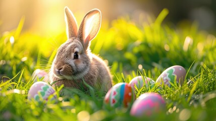 A happy rabbit is sitting in the grass among Easter eggs in a natural landscape, surrounded by terrestrial plants and enjoying the grassland AIG42E