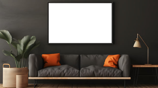 Grey gallery room interior with drawer and decoration, mockup frame on white and transparent frame