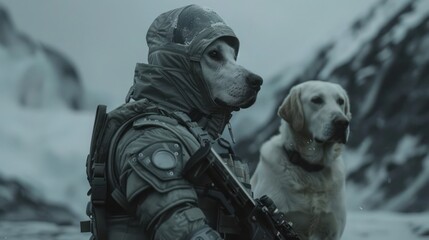 The intersection of technology and ice age environments is explored through the lens of a labrador and a soldier armed with futuristic weaponry