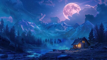 A cozy house under the glow of the moon in a futuristic digital landscape