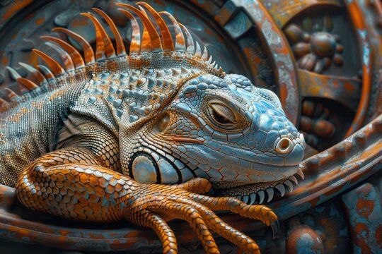 The intricate patterns and colors of a slumbering iguana in a futuristic setting