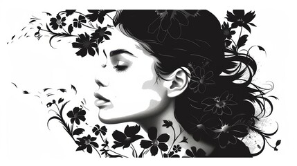 Floral Stencil Beauty: A Detailed Woman's Portrait in Black Silhouette Generative AI