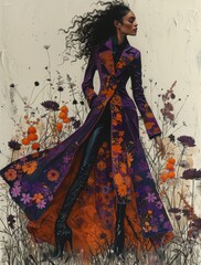 Skeletal Fashion Illustration: Feminine Grace in Faux Naïf Style Generative AI