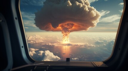 A nuclear explosion seen from the cockpit of an airplane - obrazy, fototapety, plakaty