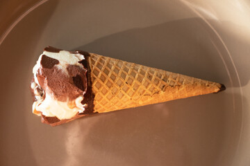 ice cream in chocolate cone on plate