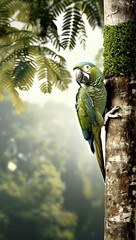 Green Macaw Parrot in Lush Rainforest: A Vivid Emblem of Tropical Wilderness and Biodiversity - 775597808
